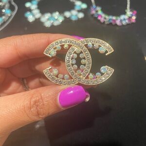 Gold CC Crystal Brooch